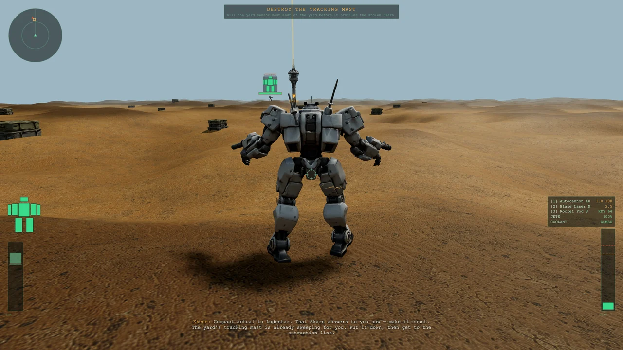 A Skarn on the dune coast with the yard's tracking mast on the horizon.