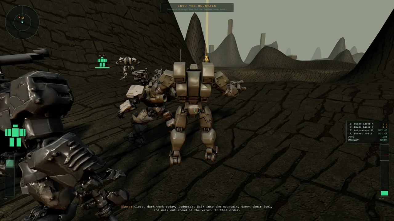A Compact lance advancing through the flooded karst highlands under a pale sky.